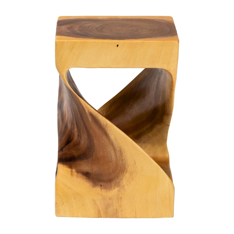 Rapha Hand-carved Suar Wood Side Table - Sculptural Accent Table with Twist Design, Modern Boho Style for Living Room or Bedroom