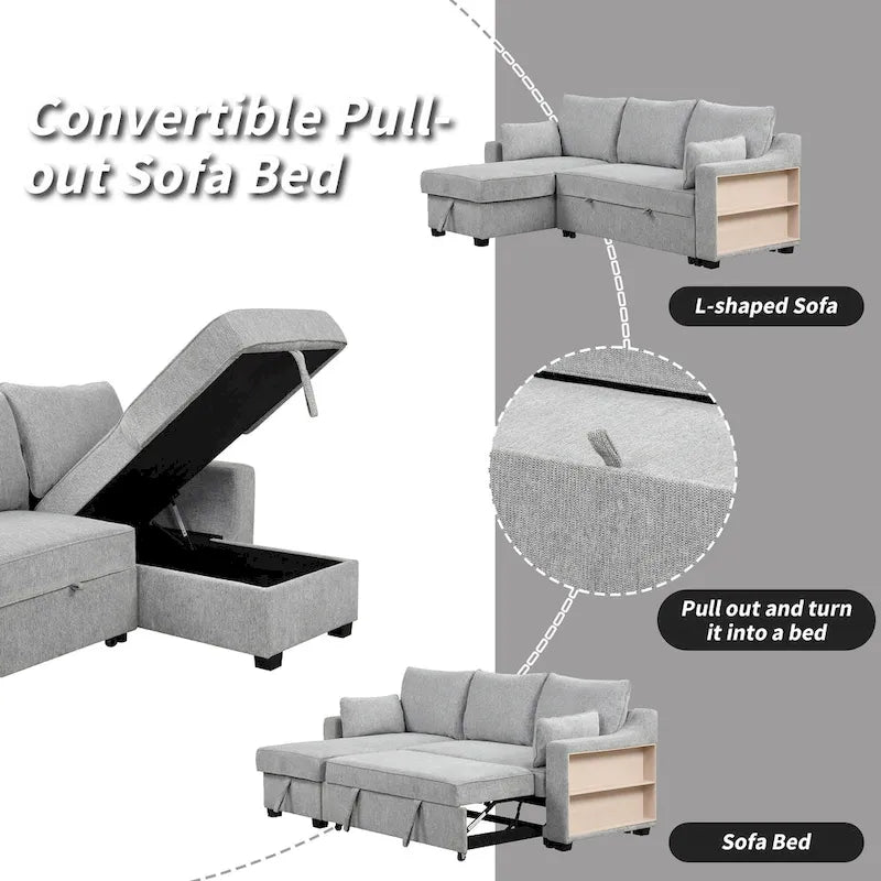 L-Shaped Reversible Sleeper Sectional Couch Pull Out Sofa Bed with Storage Racks, 2 Pillows and USB Port for Living Room