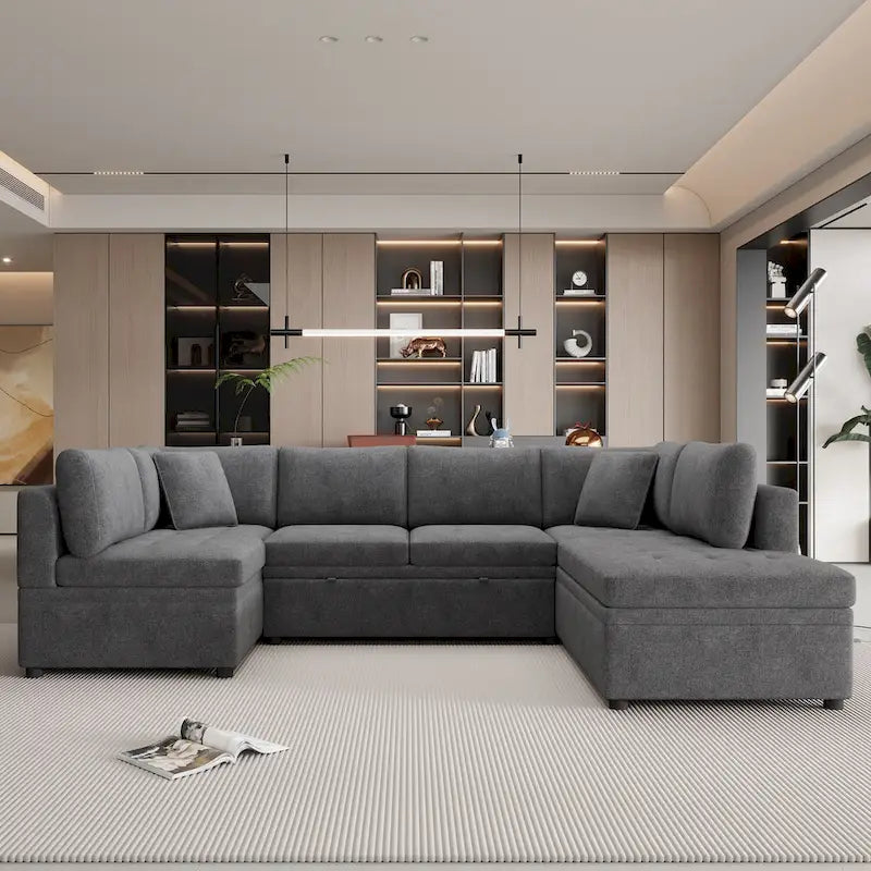 L-Shaped Reversible Sleeper Sectional Couch Pull Out Sofa Bed with Storage Racks, 2 Pillows and USB Port for Living Room