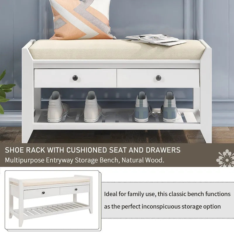 39 Solid Wood Shoe Rack with Cushioned Seat & Drawers, Multipurpose Storage Bench Entryway Ottoman for Living Room,Hallway
