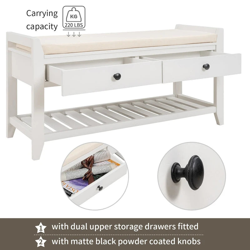 39 Solid Wood Shoe Rack with Cushioned Seat & Drawers, Multipurpose Storage Bench Entryway Ottoman for Living Room,Hallway