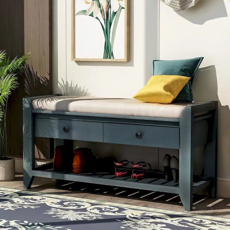 39 Solid Wood Shoe Rack with Cushioned Seat & Drawers, Multipurpose Storage Bench Entryway Ottoman for Living Room,Hallway