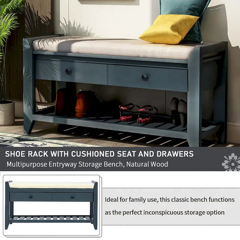39 Solid Wood Shoe Rack with Cushioned Seat & Drawers, Multipurpose Storage Bench Entryway Ottoman for Living Room,Hallway