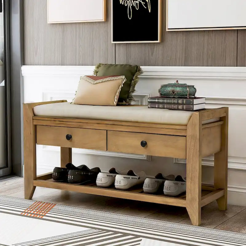 39 Solid Wood Shoe Rack with Cushioned Seat & Drawers, Multipurpose Storage Bench Entryway Ottoman for Living Room,Hallway