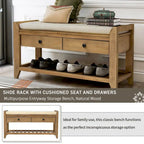 39 Solid Wood Shoe Rack with Cushioned Seat & Drawers, Multipurpose Storage Bench Entryway Ottoman for Living Room,Hallway