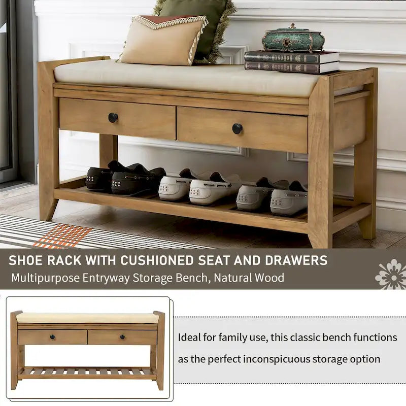39 Solid Wood Shoe Rack with Cushioned Seat & Drawers, Multipurpose Storage Bench Entryway Ottoman for Living Room,Hallway
