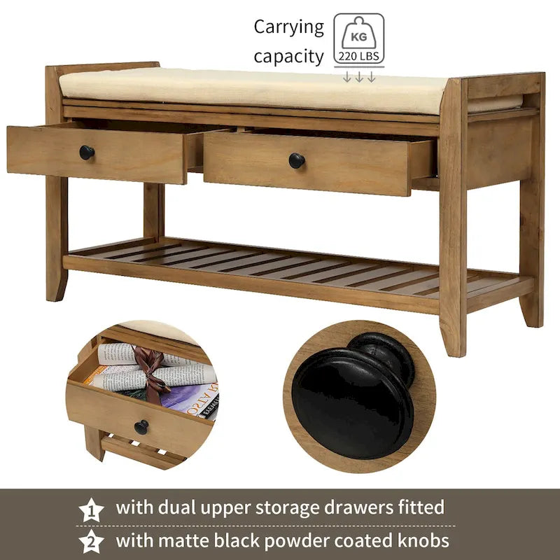 39 Solid Wood Shoe Rack with Cushioned Seat & Drawers, Multipurpose Storage Bench Entryway Ottoman for Living Room,Hallway