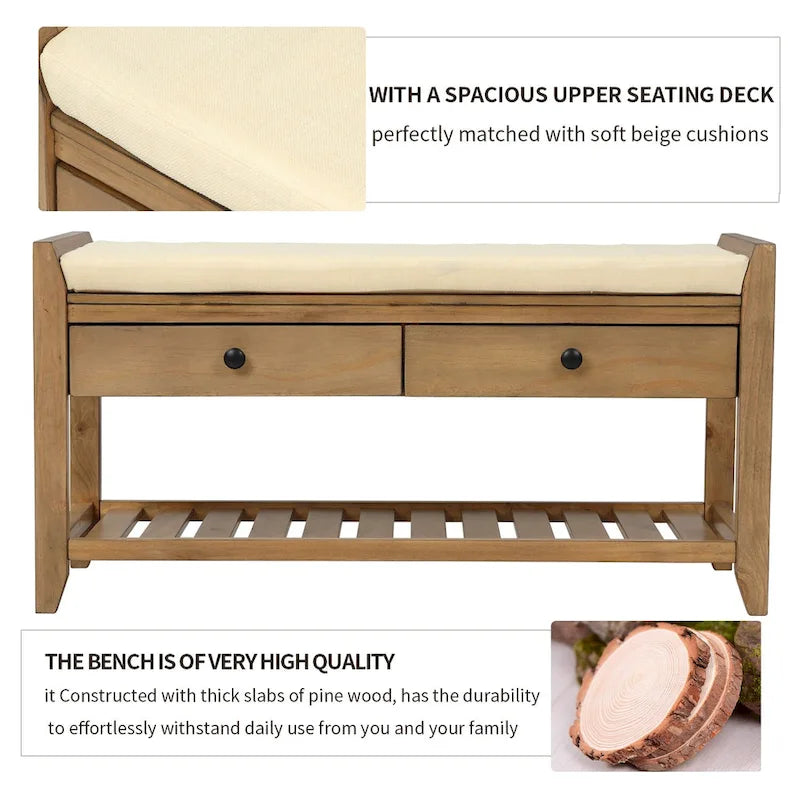 39 Solid Wood Shoe Rack with Cushioned Seat & Drawers, Multipurpose Storage Bench Entryway Ottoman for Living Room,Hallway