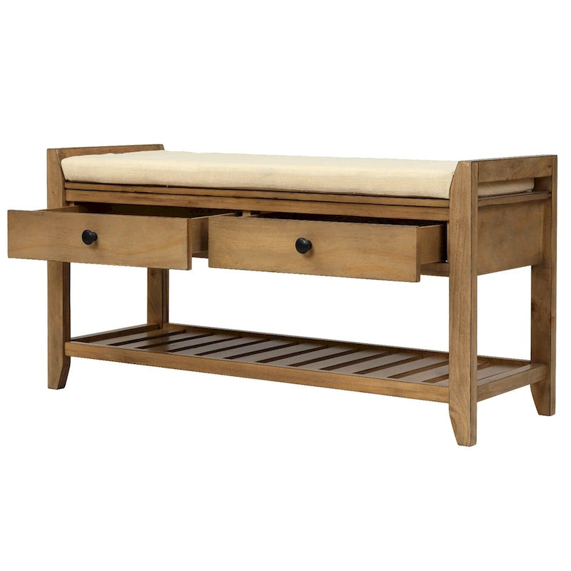 39 Solid Wood Shoe Rack with Cushioned Seat & Drawers, Multipurpose Storage Bench Entryway Ottoman for Living Room,Hallway