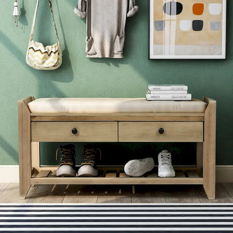 39 Solid Wood Shoe Rack with Cushioned Seat & Drawers, Multipurpose Storage Bench Entryway Ottoman for Living Room,Hallway