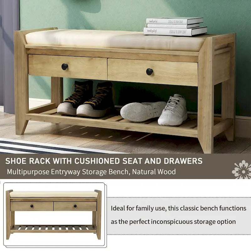 39 Solid Wood Shoe Rack with Cushioned Seat & Drawers, Multipurpose Storage Bench Entryway Ottoman for Living Room,Hallway