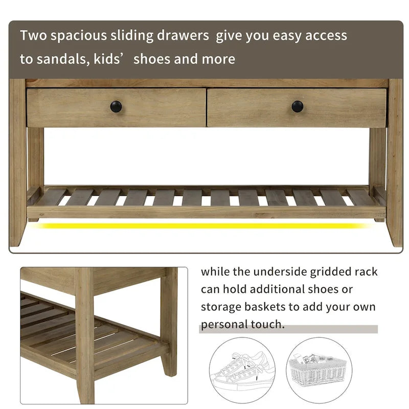 39 Solid Wood Shoe Rack with Cushioned Seat & Drawers, Multipurpose Storage Bench Entryway Ottoman for Living Room,Hallway