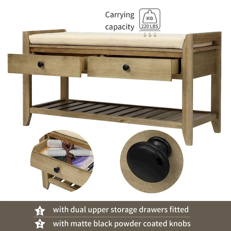 39 Solid Wood Shoe Rack with Cushioned Seat & Drawers, Multipurpose Storage Bench Entryway Ottoman for Living Room,Hallway