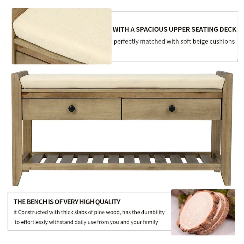 39 Solid Wood Shoe Rack with Cushioned Seat & Drawers, Multipurpose Storage Bench Entryway Ottoman for Living Room,Hallway