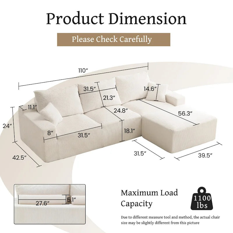 GDFStudio - Olivia Morgan Ultra-Soft Modular 110-Inch L-Shaped Cloud Sofa With No-Assembly, Full-Compression Comfort