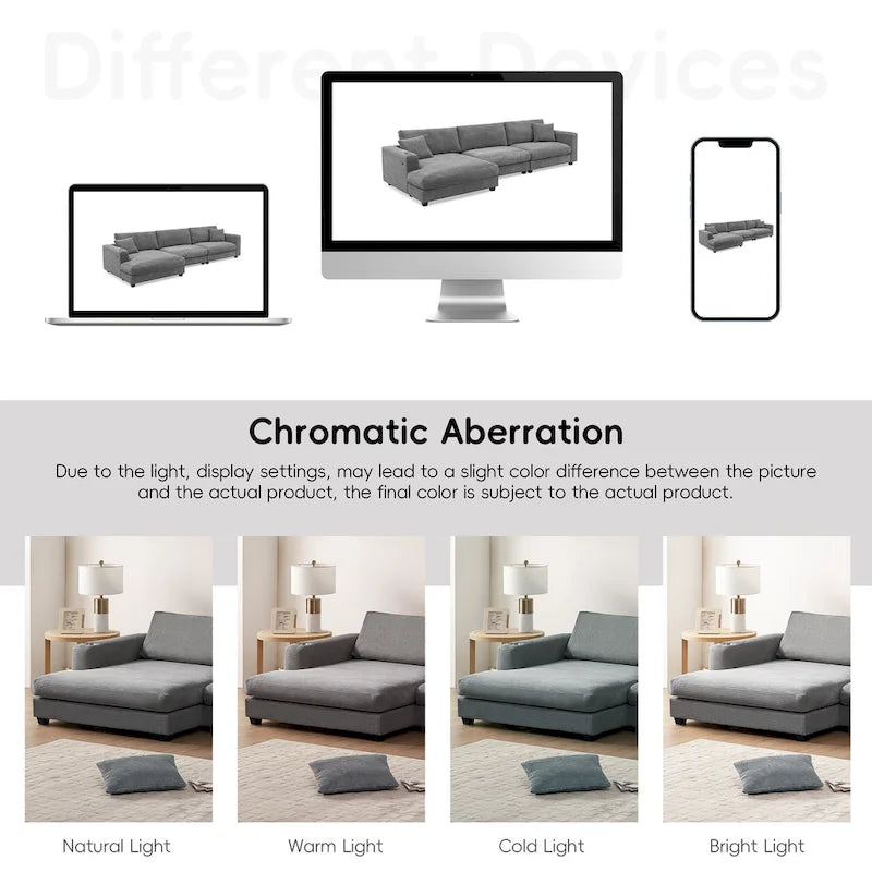 134 Corduroy Sectional Sofa with L-Shaped Cloud Couch and USB Charging & 50 Chaise (330lb Capacity)