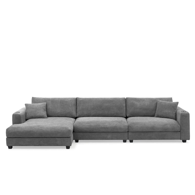 134 Corduroy Sectional Sofa with L-Shaped Cloud Couch and USB Charging & 50 Chaise (330lb Capacity)