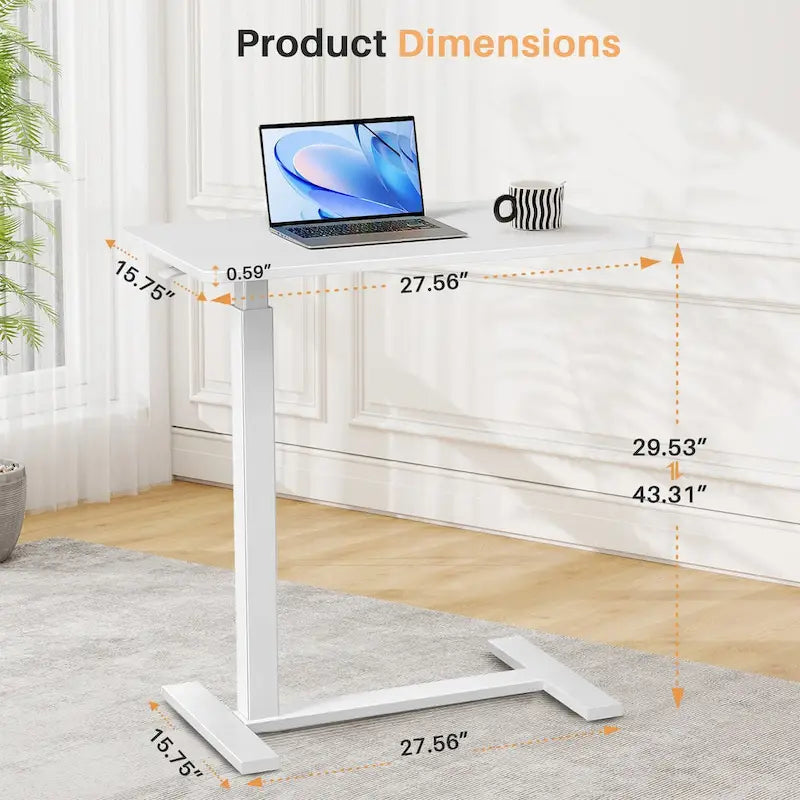 27.56 in. White Laptop Desk with Wheels, Adjustable Height Overbed Bedside Table Mobile Standing Desk