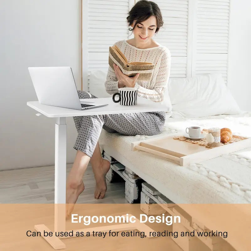 27.56 in. White Laptop Desk with Wheels, Adjustable Height Overbed Bedside Table Mobile Standing Desk