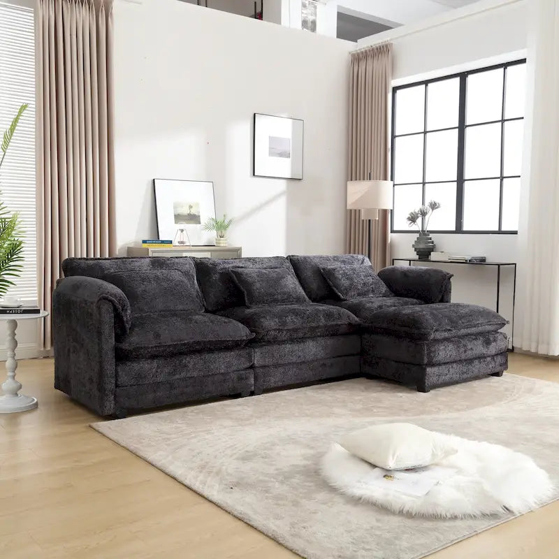 Modular L-Shaped Sectional Sofa, Chenille Fabric 3-Seater Sofa Couch with Chaise and Detachable Armrests for Living Room