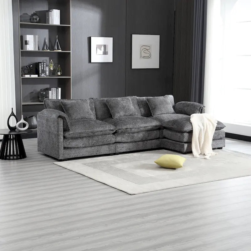 Modular L-Shaped Sectional Sofa, Chenille Fabric 3-Seater Sofa Couch with Chaise and Detachable Armrests for Living Room