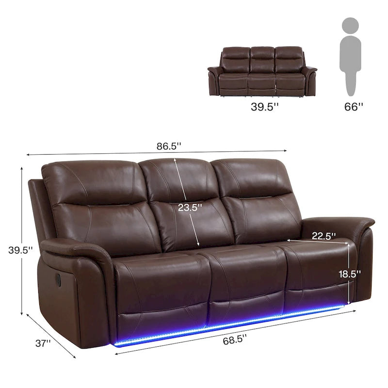LED Breathing Leather 3-Piece Recliner Sofa Set for Living Room