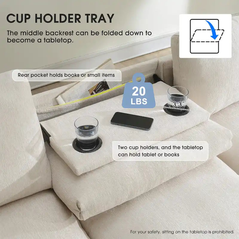96 Chenille Smart Sectional Sofa with Bluetooth Speaker, Drop-Down Table & USB Charger and 3-Seater Cloud Couch