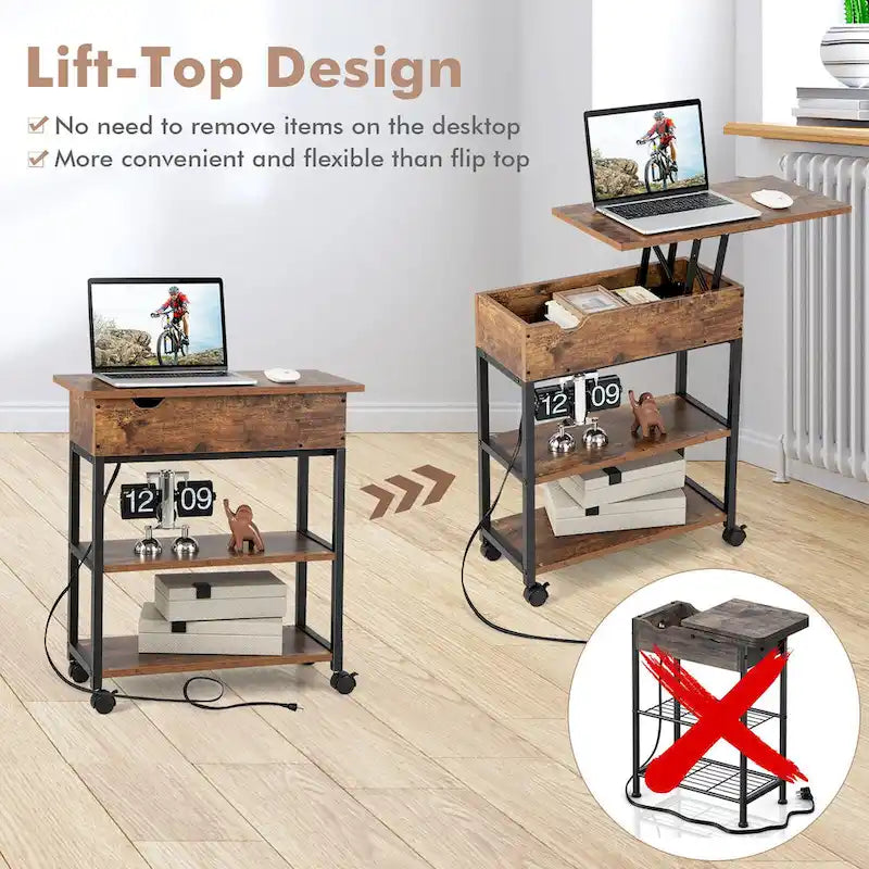 Gymax Lift Top End Table w/ Charging Station Storage Shelves Wheels