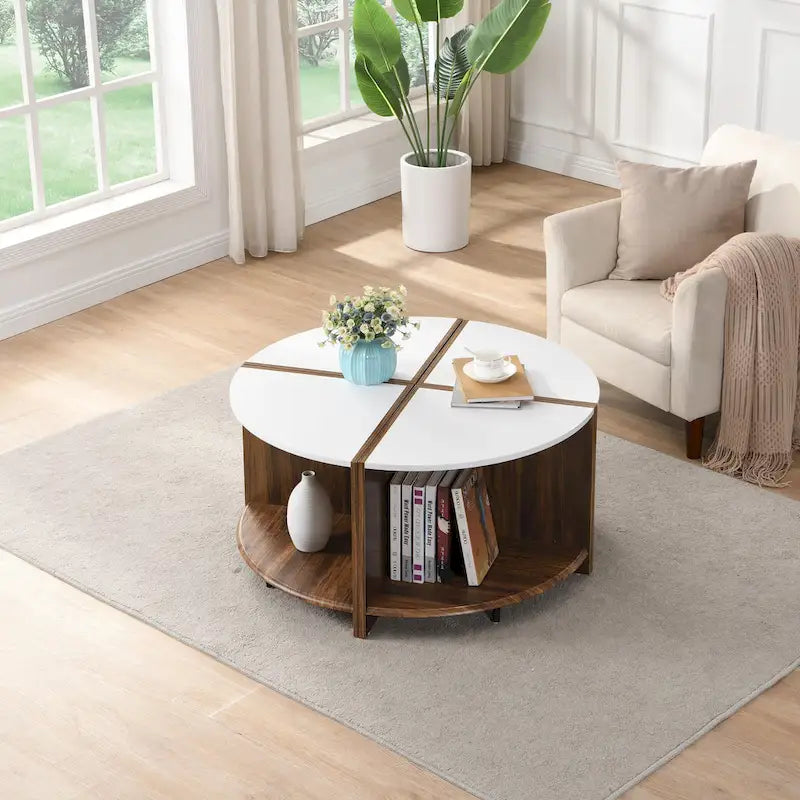 Industrial Round Coffee Table Double Layer Coffee Table with Storage Space, for Living Room Garden, White