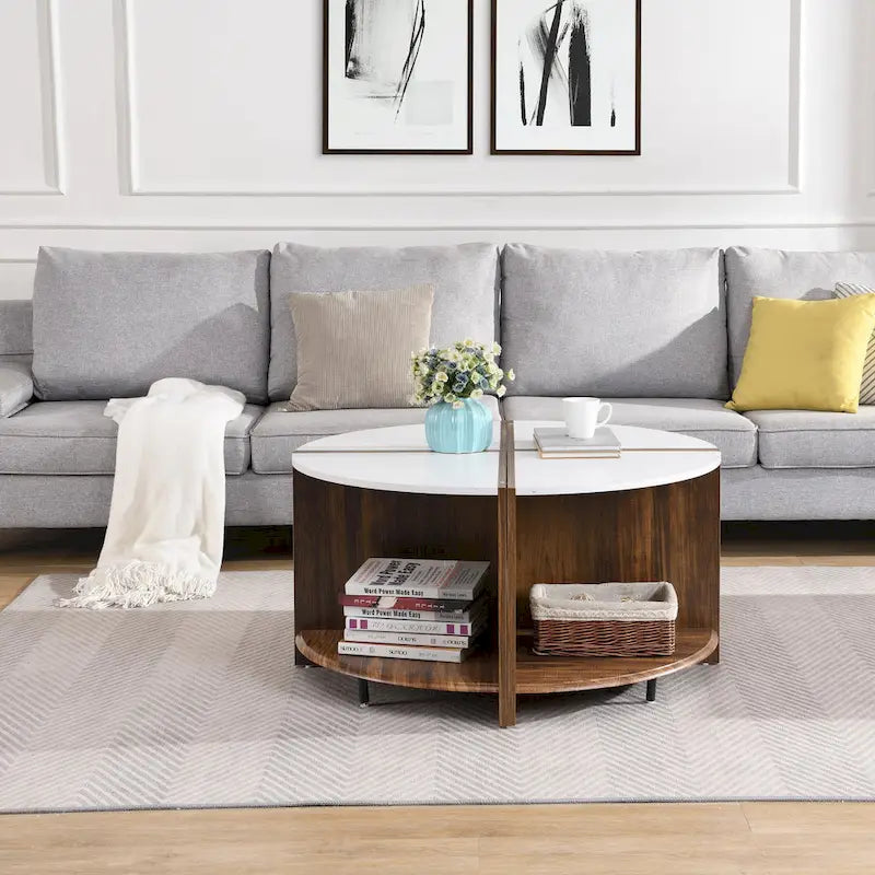 Industrial Round Coffee Table Double Layer Coffee Table with Storage Space, for Living Room Garden, White
