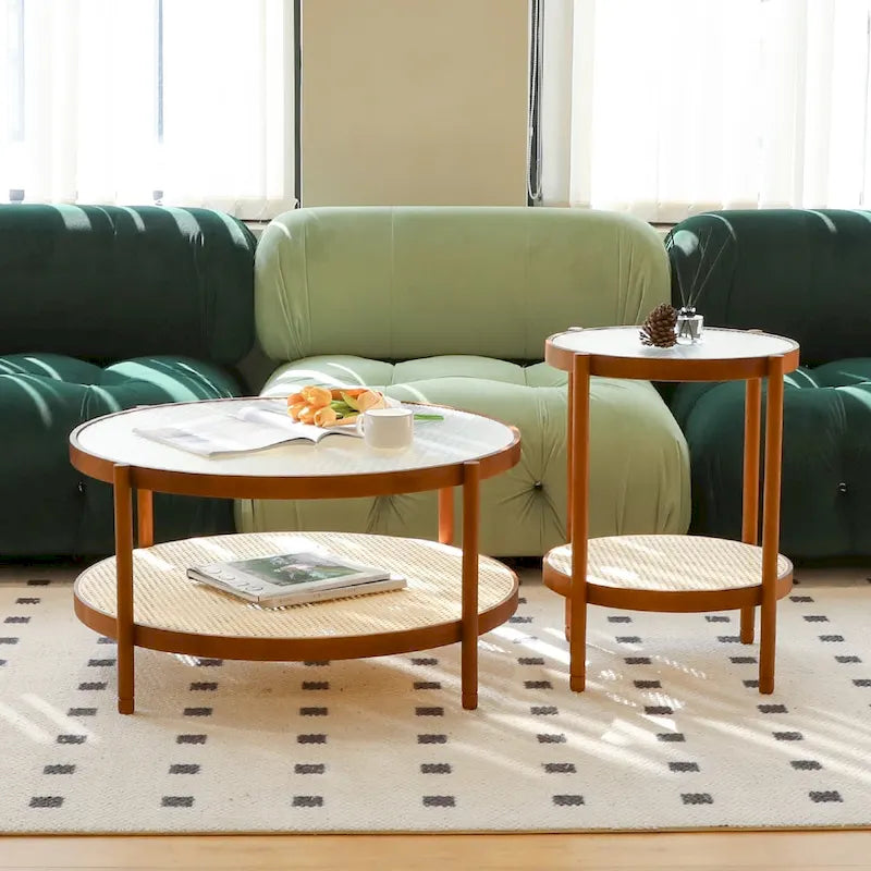 Modern Farmhouse Coffee Table Set Nesting Round Wooden Table Side Table Set for Living Room, Bedroom