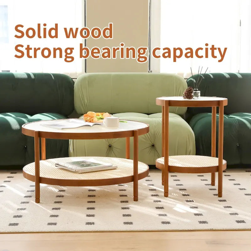 Modern Farmhouse Coffee Table Set Nesting Round Wooden Table Side Table Set for Living Room, Bedroom