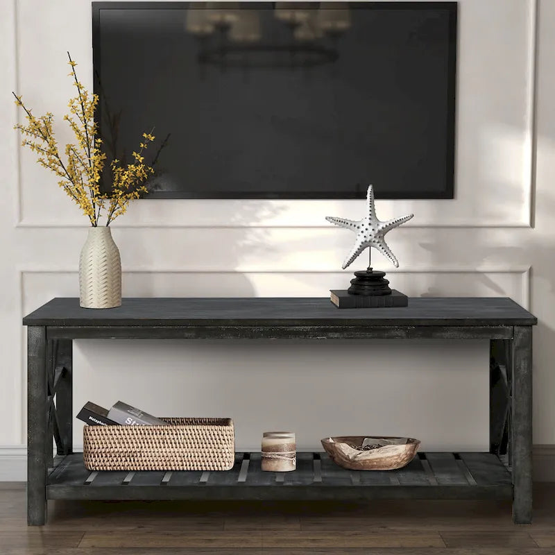 Modern Coffee Table Rectangular Living Room Center Table with Storage Shelves, for Small Space Living Room Antique Brown