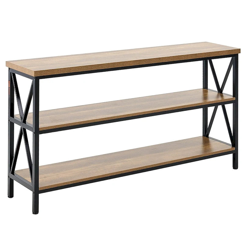 Brown Black MDF Metal Console Table, 3-Tier Long Hallway Table 240 lbs Top Load Capacity - 55.1 L x 13.4 W x 30.0 H