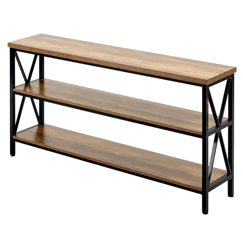 Brown Black MDF Metal Console Table, 3-Tier Long Hallway Table 240 lbs Top Load Capacity - 55.1 L x 13.4 W x 30.0 H