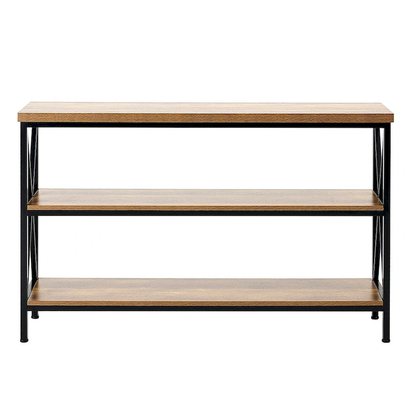 Brown Black MDF Metal Console Table, 3-Tier Long Hallway Table 240 lbs Top Load Capacity - 55.1 L x 13.4 W x 30.0 H