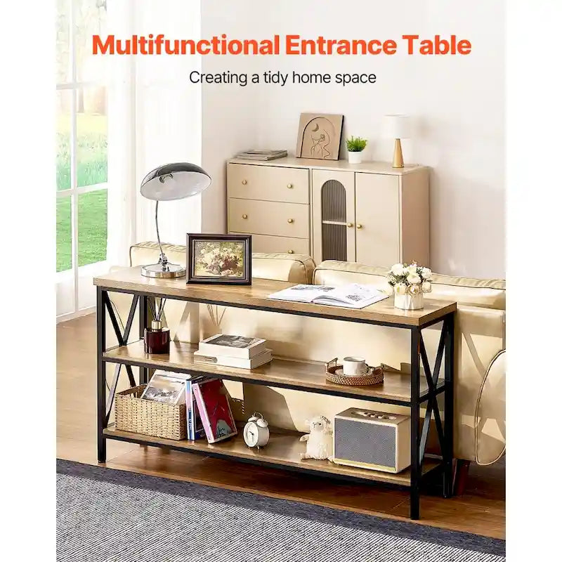 Brown Black MDF Metal Console Table, 3-Tier Long Hallway Table 240 lbs Top Load Capacity - 55.1 L x 13.4 W x 30.0 H