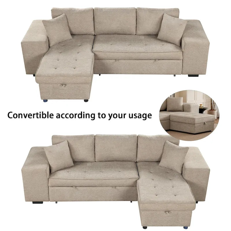 Roomfitters 3-Seater Modern L-Shape Reversible Sectional Couch, Pull-Out Sleeper Sofa with Storage Chaise and Two Stools