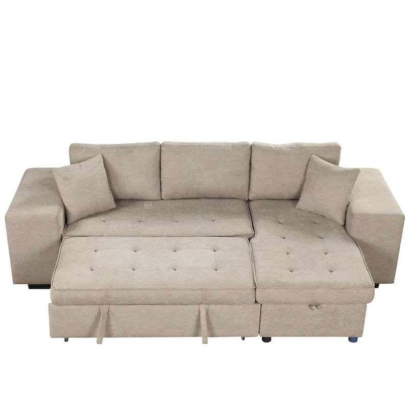 Roomfitters 3-Seater Modern L-Shape Reversible Sectional Couch, Pull-Out Sleeper Sofa with Storage Chaise and Two Stools