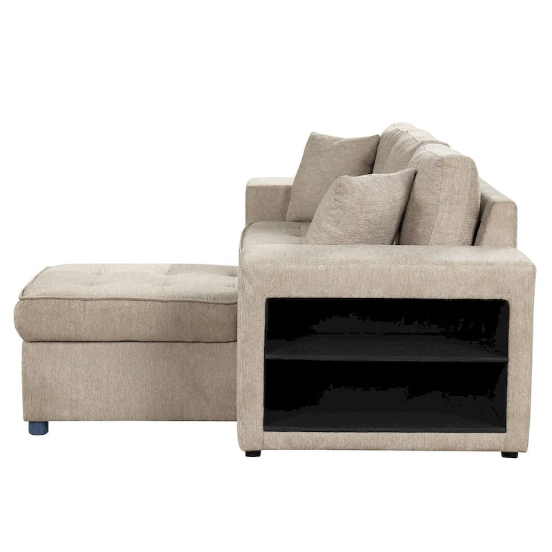 Roomfitters 3-Seater Modern L-Shape Reversible Sectional Couch, Pull-Out Sleeper Sofa with Storage Chaise and Two Stools