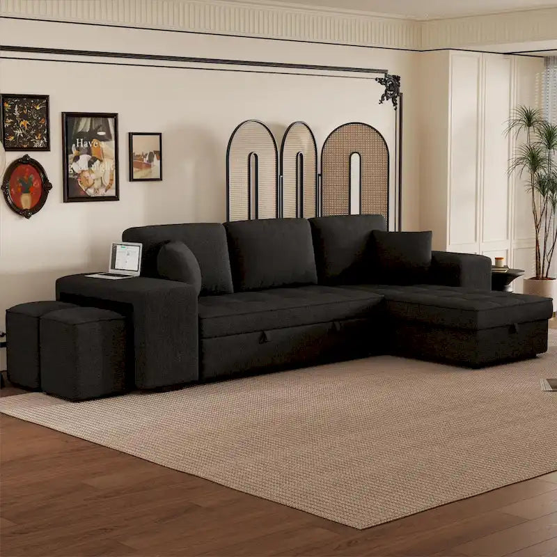Roomfitters 3-Seater Modern L-Shape Reversible Sectional Couch, Pull-Out Sleeper Sofa with Storage Chaise and Two Stools