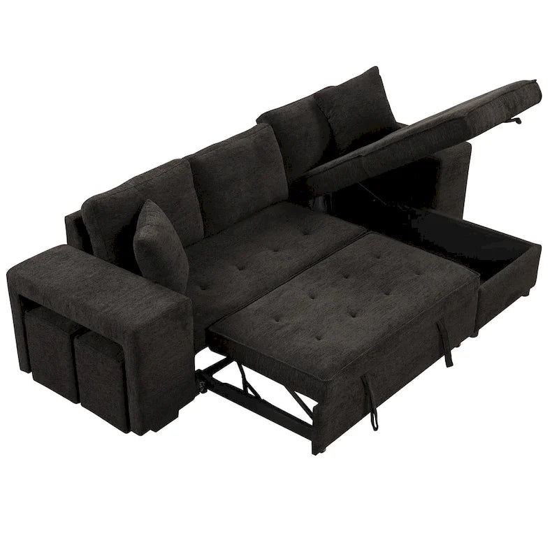 Roomfitters 3-Seater Modern L-Shape Reversible Sectional Couch, Pull-Out Sleeper Sofa with Storage Chaise and Two Stools