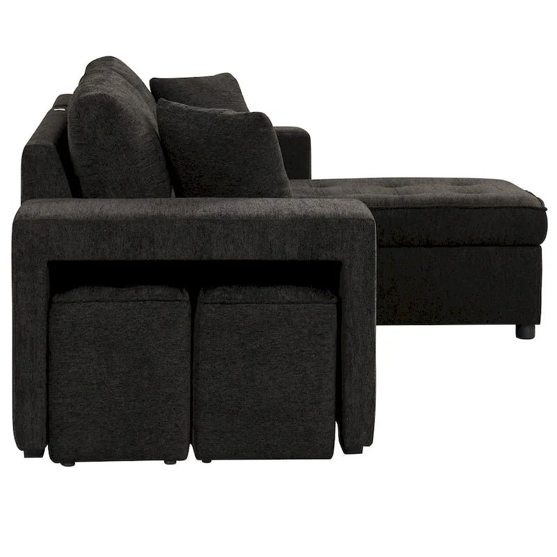 Roomfitters 3-Seater Modern L-Shape Reversible Sectional Couch, Pull-Out Sleeper Sofa with Storage Chaise and Two Stools