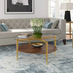 36-Inch Round Glass Coffee Table with Gold Steel Base and Shelf for Storage Modern Living Room Accent Piece - 36L x 36W x 17H