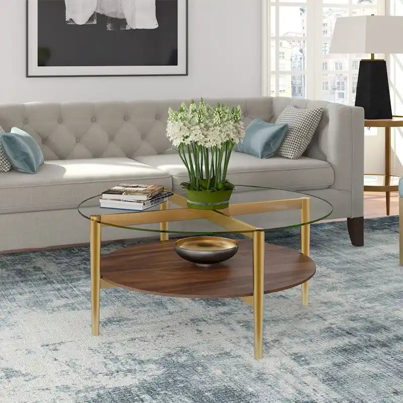 36-Inch Round Glass Coffee Table with Gold Steel Base and Shelf for Storage Modern Living Room Accent Piece - 36L x 36W x 17H