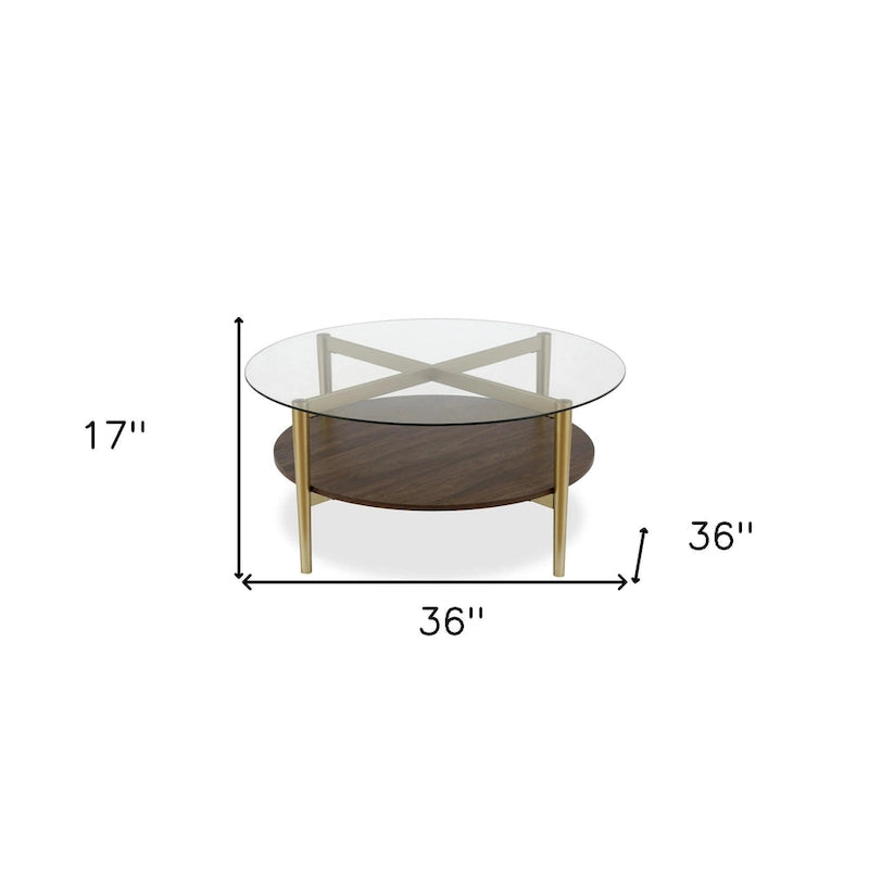 36-Inch Round Glass Coffee Table with Gold Steel Base and Shelf for Storage Modern Living Room Accent Piece - 36L x 36W x 17H