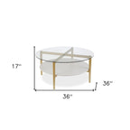 36-Inch Round Glass Coffee Table with Gold Steel Base and Shelf for Storage Modern Living Room Accent Piece - 36L x 36W x 17H