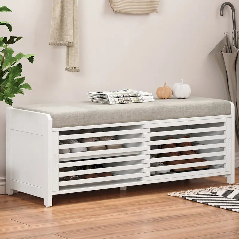Distressed Shutter Shoe Bench with Storage & Cushion