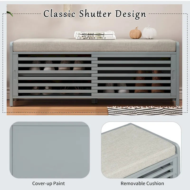 Distressed Shutter Shoe Bench with Storage & Cushion