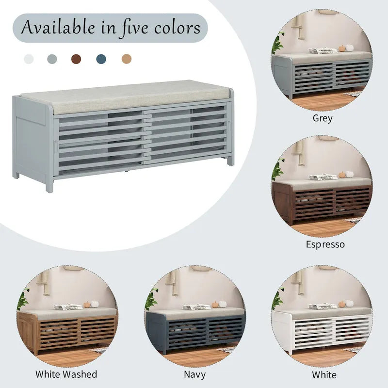 Distressed Shutter Shoe Bench with Storage & Cushion